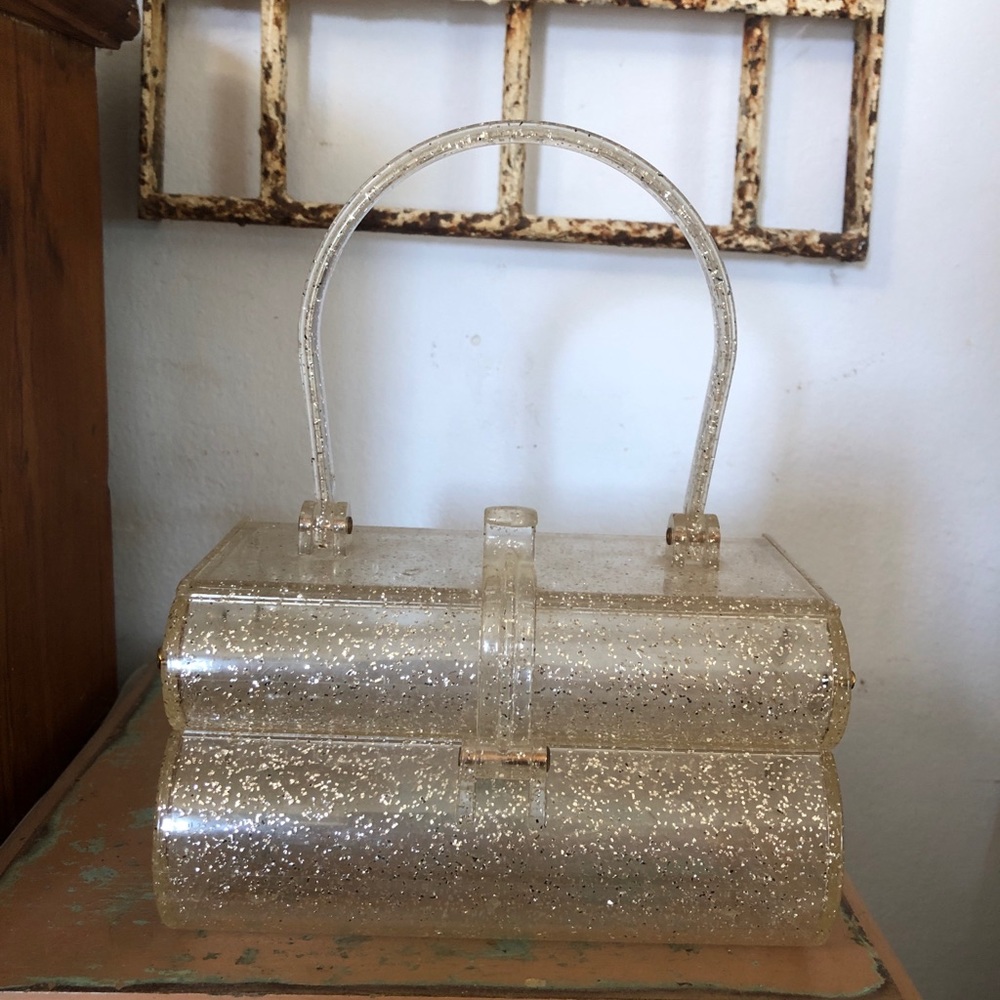 Vintage Glitter Clear Lucite Purse Double Decker